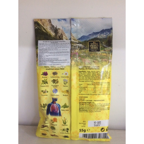 Kẹo ngậm swiss energy swiss Herbal lozenges finest bee honey