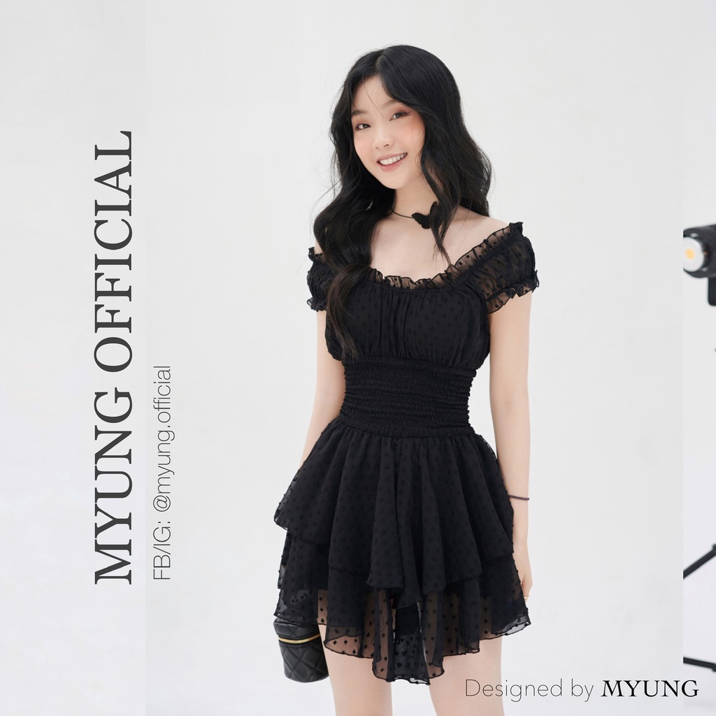 Myung - Đầm Trễ Vai 2 Tầng Vải Voan Thêu Hạt Nổi Eo Nhún - Phoebe Dress
