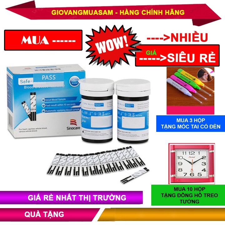 lô hàng nhanh Hộp 50 que thử đường huyết Sinocare Safe-Accu +Mua ( 3hộp tặng móc tai) 10 Hộp Tặng Đồng Hồ Treo Tường