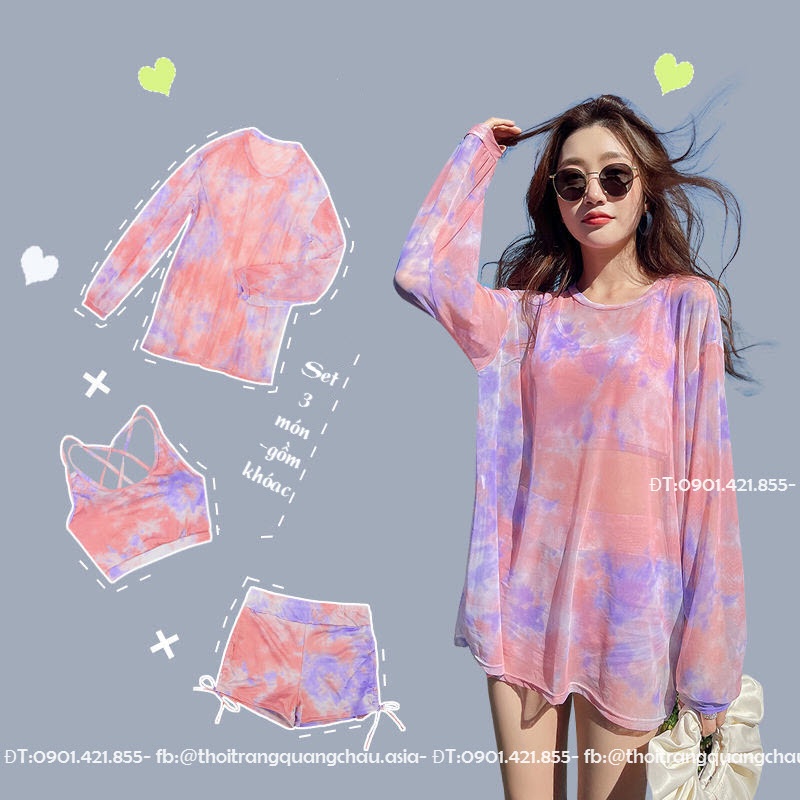 (Sẵn-Hàng Nhập) Set Đồ Bơi, Bikini 3 mảnh màu Loang gồm áo, quần, khoác ngoài