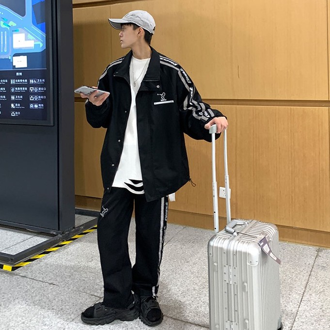 Áo khoác thể thao cổ đứng dáng rộng kẻ sọc phản quang cá tính thiết kế thời trang dành cho nam