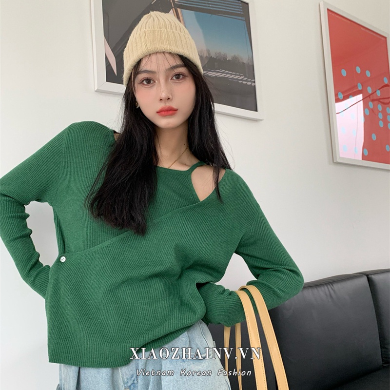 Xiaozhainv Áo Dệt Kim Tay Dài Thiết Bất Đối Xứng Phong Cách Hàn Quốc Thời Trang 6 Màu Sắc Tùy Chọn Dành Cho Nữ