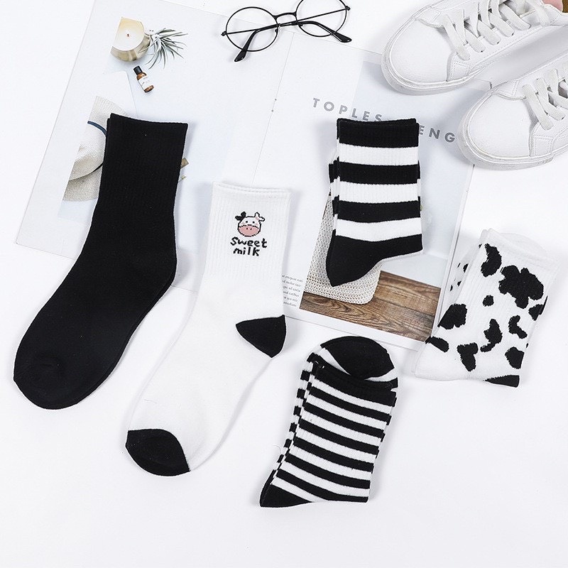 set 5 đôi tất cổ cao bò sữa và kẻ đen trắng