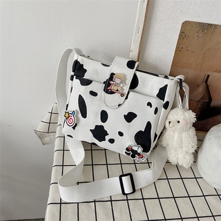 Túi Đeo Vai Vải Canvas Mềm Họa Tiết Bò Sữa Phong Cách Hàn Quốc Harajuku Nhật Bản Cho Nữ