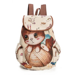 Balo Canvas Dây Rút Hình Mèo Dễ Thương Cho Nữ