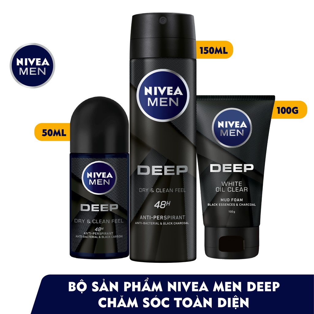Bộ 3 NIVEA MEN Deep than đen hoạt tính (Xịt khử mùi 150ml + Lăn khử mùi 50ml + Sữa rửa mặt 100g) 80027+80031+84415 | BigBuy360 - bigbuy360.vn
