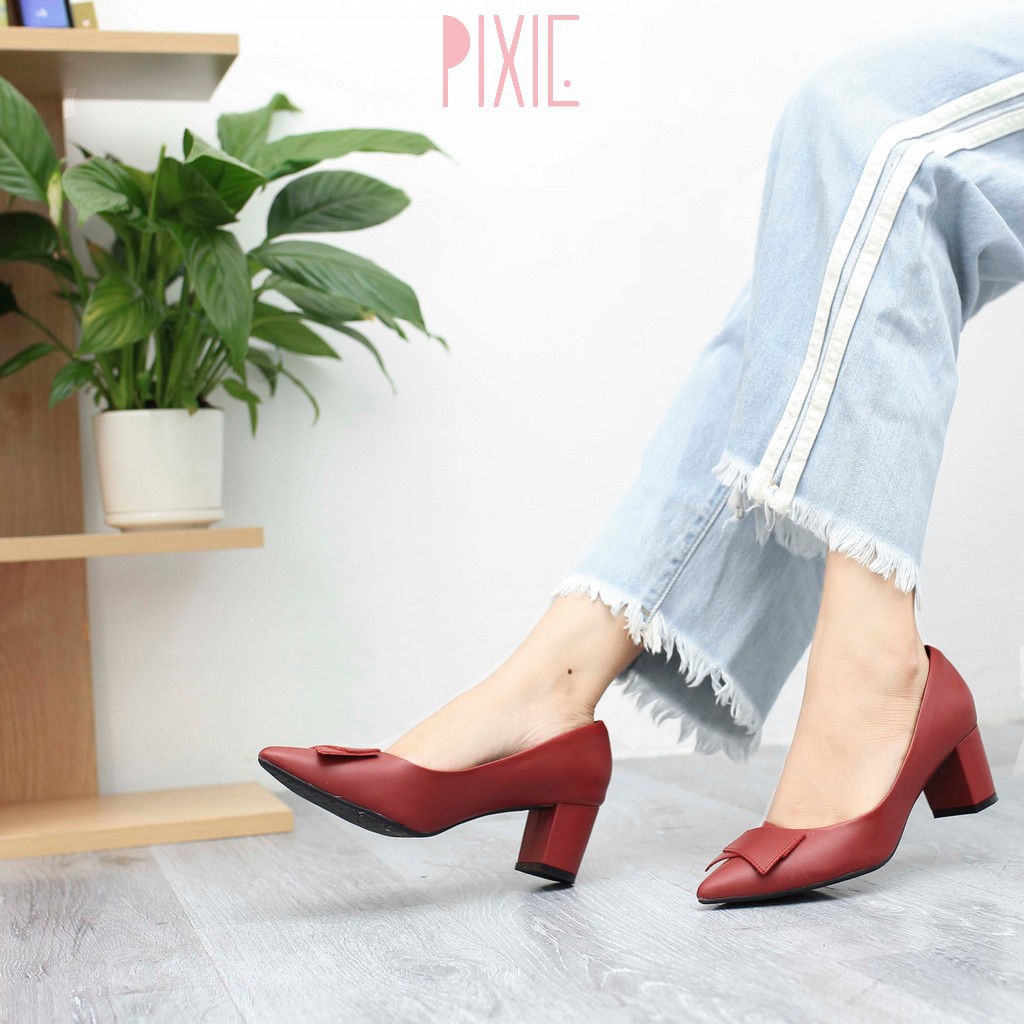 Giày Cao Gót 5cm Đế Vuông Nơ Xéo Màu Đen Pixie P069