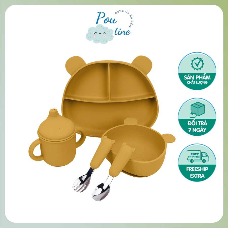 Bộ dụng cụ ăn dặm 6 món silicon Poutine Set yếm, khay, bát, thìa, dĩa cốc 100% silicon cao cấp kháng khuẩn