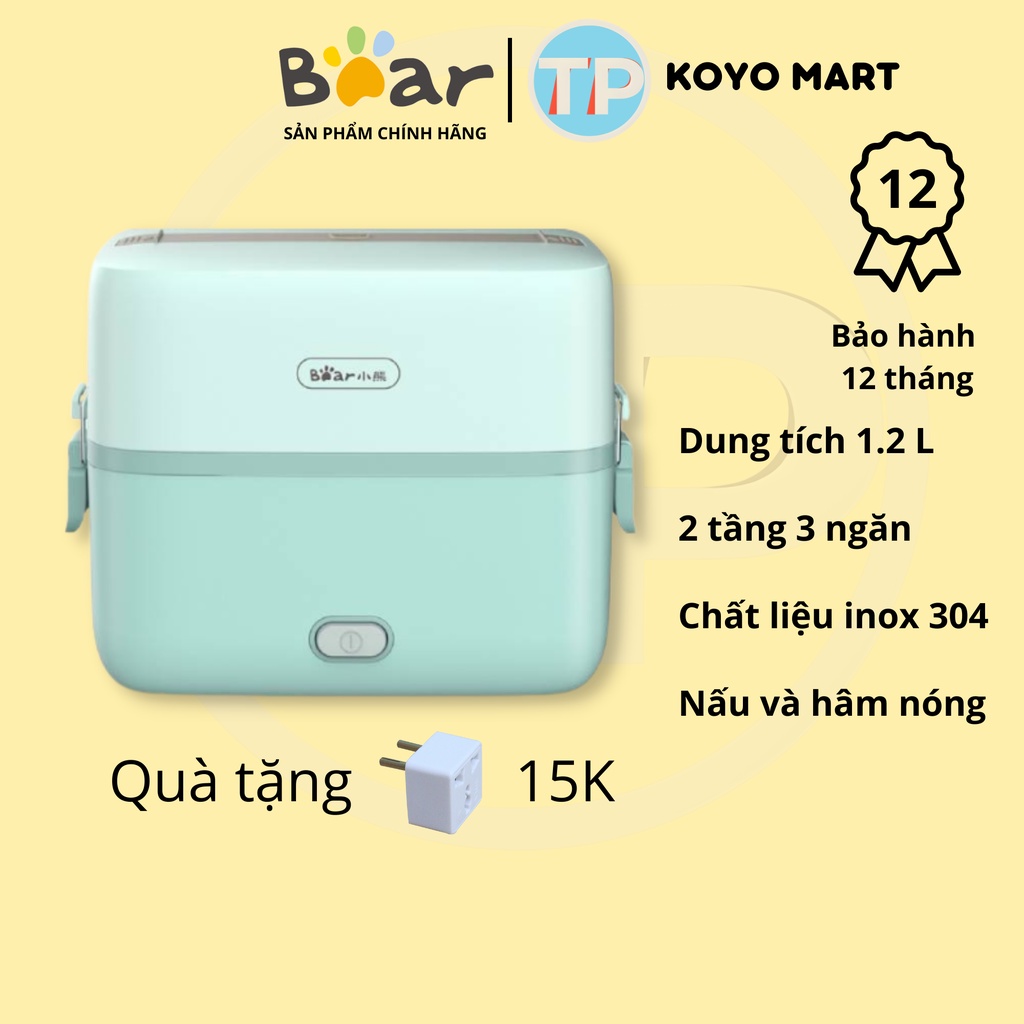 Hộp cơm cắm điện Bear DFH-B12E1, 1,2 lít, inox 304, nấu chín cơm, hâm nóng, giữ nhiệt, hộp cơm văn phòng, cặp lồng điện