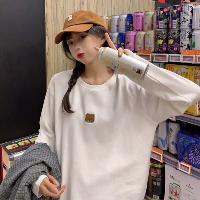 Áo Thun Dài tay Nữ cổ tròn form rộng, chất Nỉ bông dày dặn, hình gấu cute - Hàng QC
