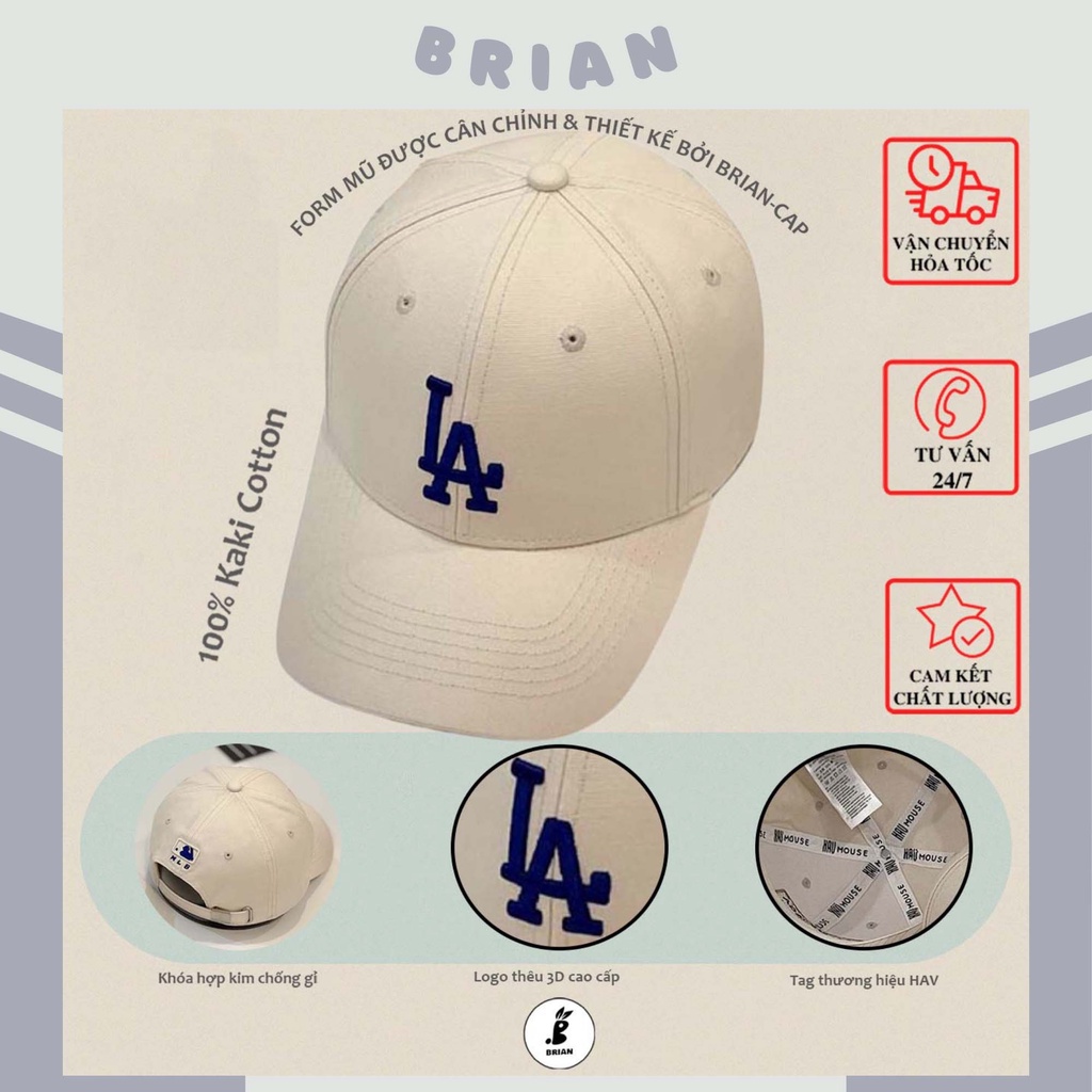 Mũ lưỡi trai MLB kem sữa thêu chữ LA xanh dương Hàn Quốc, nón kết lưỡi trai phong cách thể thao LA xanh dương.
