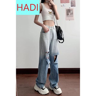 QUẦN JEAN ỐNG RỘNG NỮ LOANG MÀU XANH RÁCH VẠT SỌC PHẢI PHỐI VẠT TRÁI FORM DÀI RỘNG LAI