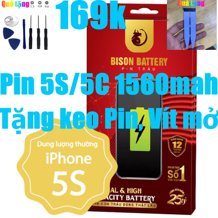 Pin iPhone 5s/ 5c Con Trâu BISON 1560mAh chính hãng