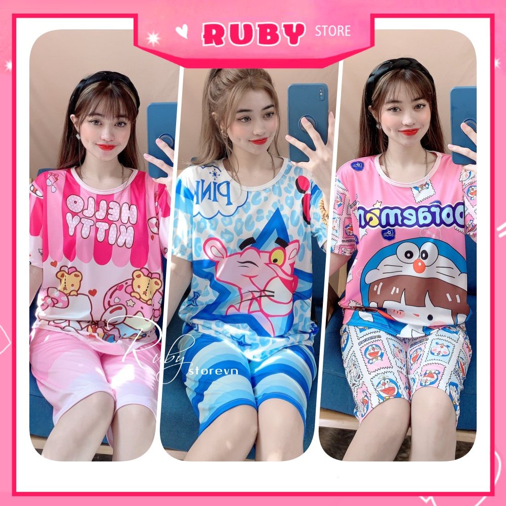 Đồ bộ thun QUẦN LỬNG cho nữ mặc nhà size dưới 60kg chất thun mềm mát in hình Doremon Kitty Hoạt Hình Chibi DBRBL SIZE L