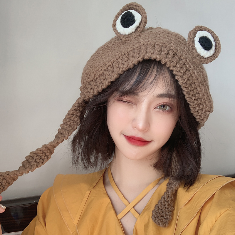 Mũ Len Có Dây Quàng Cổ Giữ Ấm Vào Mùa Đông Thiết Kế Hình Chú Ếch Xinh Xắn