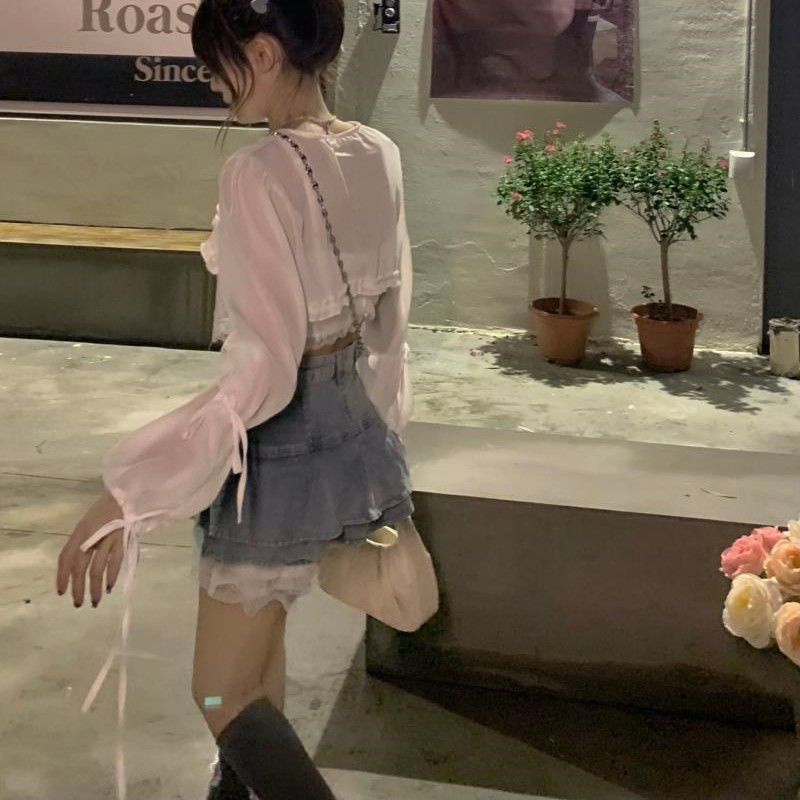 Chân Váy Denim Chữ A Lưng Cao Viền Bèo Phong Cách Cổ Điển Thời Trang Xuân Hè Y2k Dành Cho Bạn Nữ