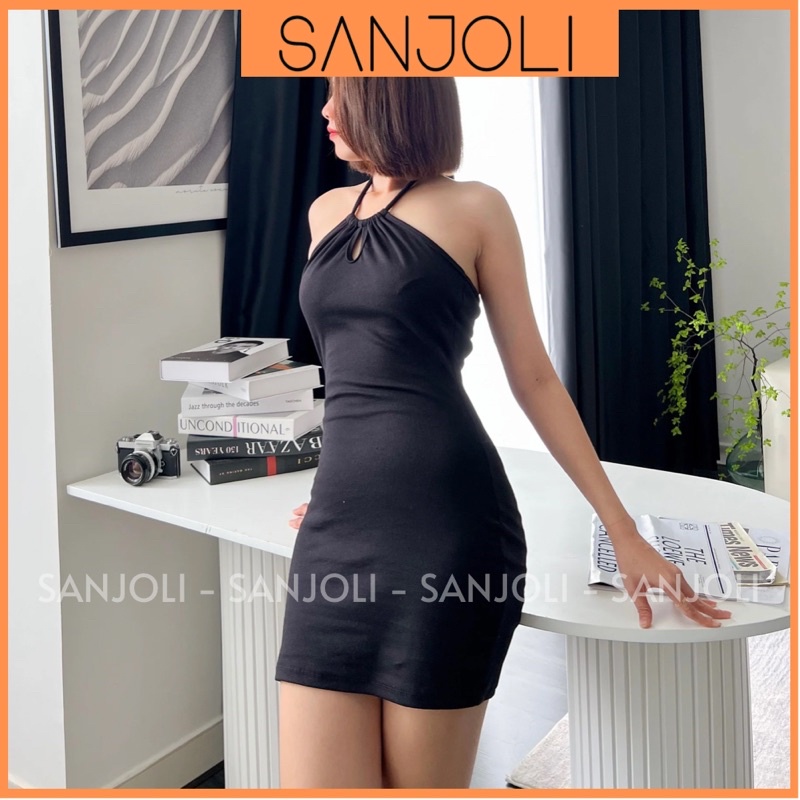 Váy 2 Dây SANJOLI Đầm Body Dự Tiệc Kiểu Nữ Cổ Yếm Hở Lưng Sexy Thiết Kế Ôm Eo Khoét Ngực Chất Len Thun Đi Chơi VD029