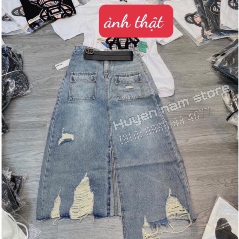 Chân váy bò dáng dài túi hộp xẻ lệch | BigBuy360 - bigbuy360.vn