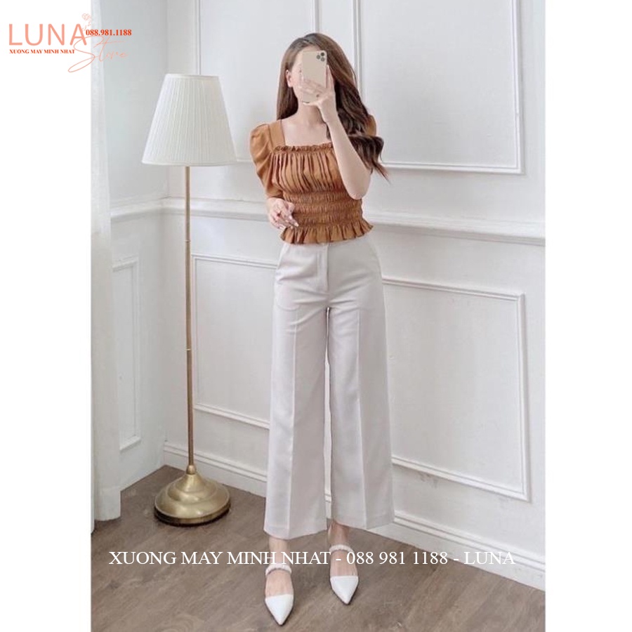 Quần ống rộng nữ công sở đi học lưng cao cúc bọc khóa trước dáng quần tây ống suông rộng dài cạp cao vải Vitex dày mềm