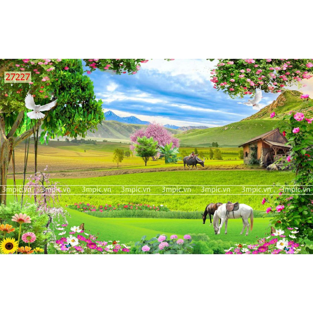 Tranh dán tường 3d phong cảnh thiên nhiên trang trí phòng khách chất liệu decal pp keo sẵn bóc dán atk10