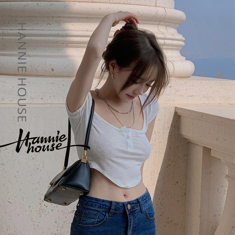 Áo Croptop Tay Ngắn Phối Nút Thiết Kế Cổ Chữ U Cho Nữ