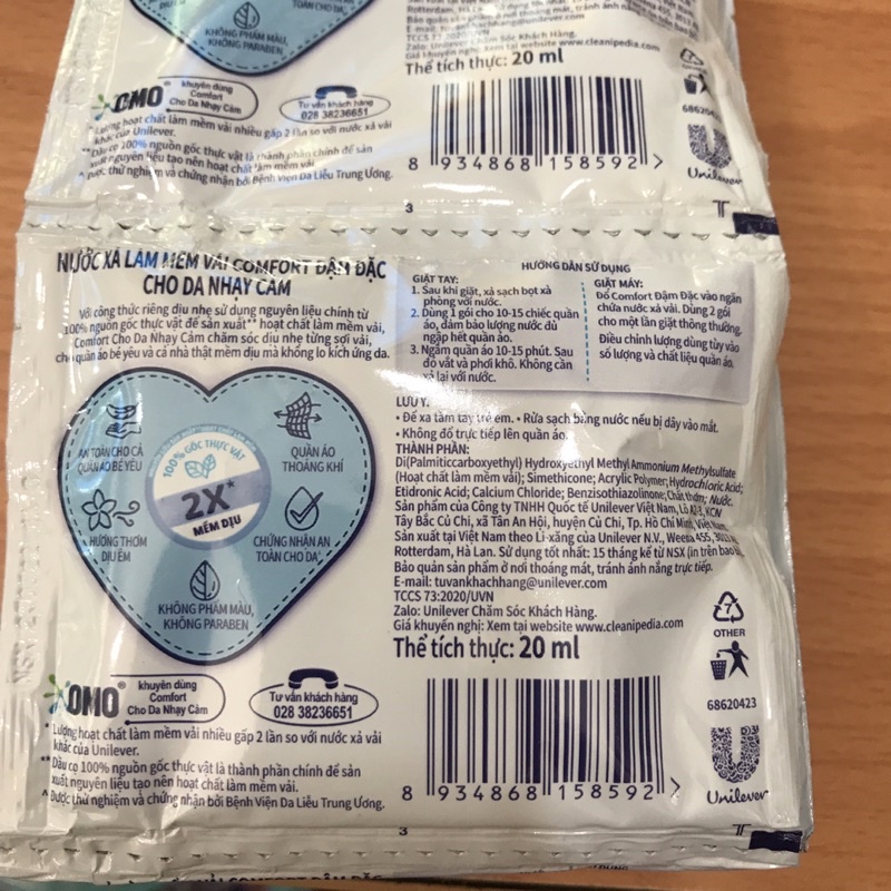 1 dây nước Xả Vải đậm đặc Comfort kháng khuẩn dịu nhẹ 1 gói 20ml