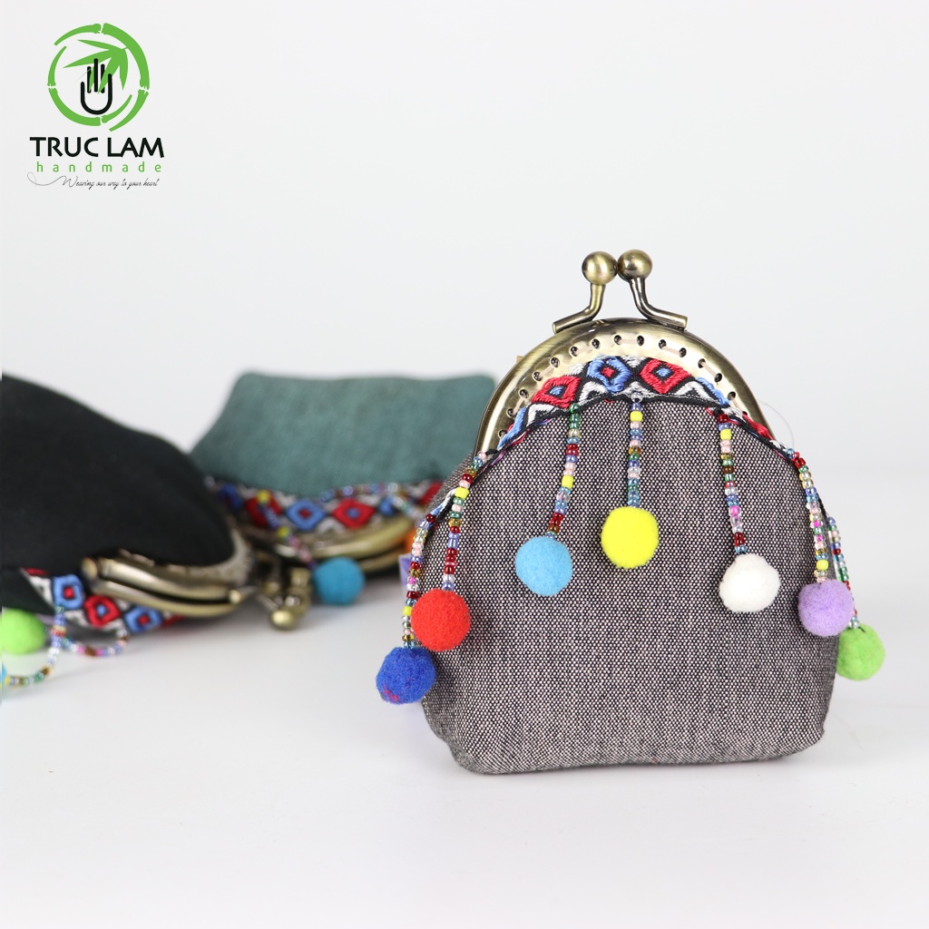 Ví Xu Mini Ví Cầm Tay Khóa Nẹp Đồng Gắn Quả Bông Vải Dệt Thô Phương La Thái Bình - Trúc Lâm Handmade