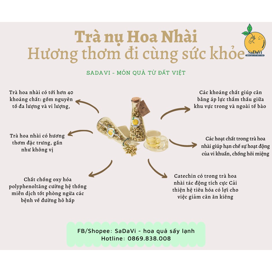 Trà Hoa Nhài/ Trà Nụ Nhài Nguyên bông SaDaVi - Hũ tròn 180ml - Tặng kèm gói cỏ ngọt