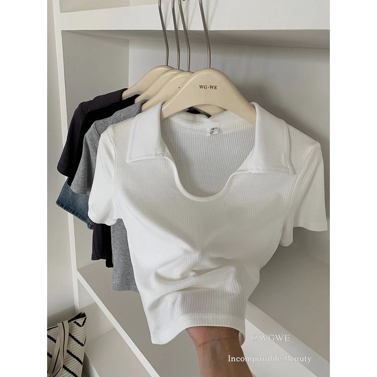 Áo polo Tay Ngắn Dáng Ôm Màu Xám Thời Trang Mùa Hè Cho Nữ