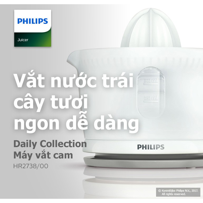 [Mã 159ELSALE hoàn 7% đơn 300K] Máy Vắt Cam Philips HR2738 Màu trắng 0.5L