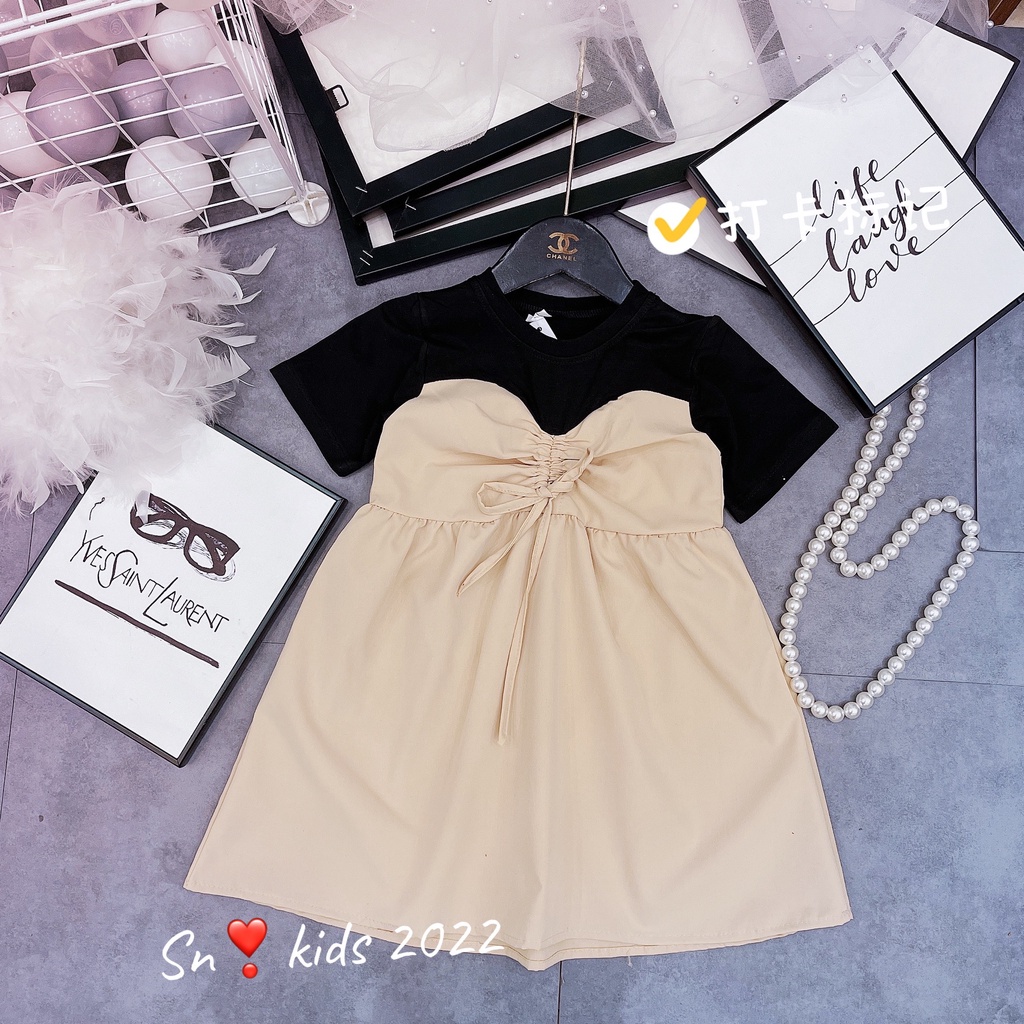 Váy nhún ngực phối tay bé gái, váy phối chun ngực chất vải thô xịn xò cho bé