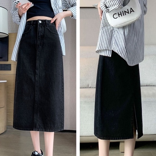 Chân váy jean dài KABICO cạp điều chỉnh độ rộng bụng phong cách, váy jean dáng dài cạp cao thanh lịch A14