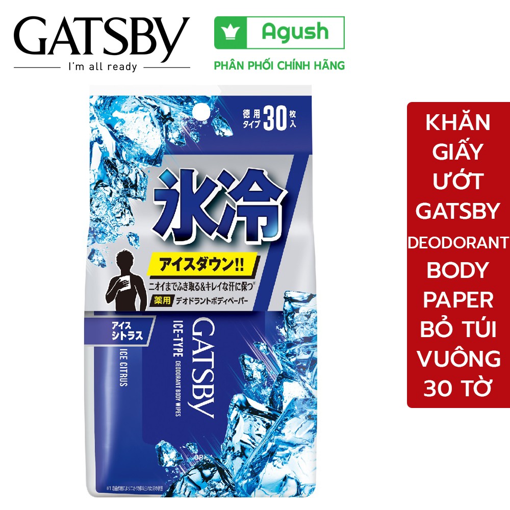 Khăn giấy ướt có cồn kháng sát khuẩn Gatsby Deodorant Body Paper 30 tờ khăn giấy lau cơ thể tẩm cồn có mùi bạc hà