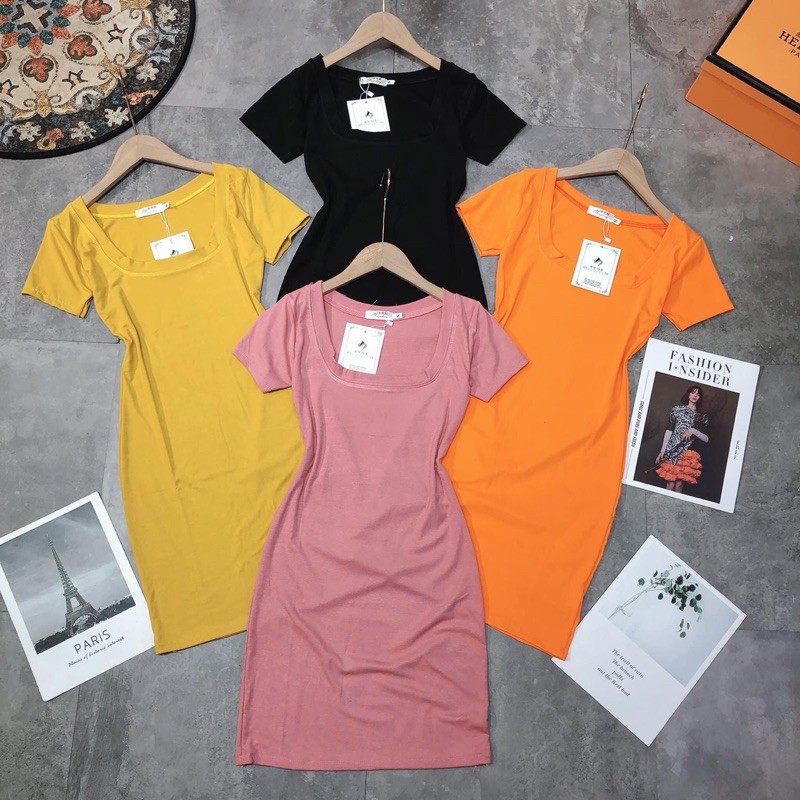 Váy body nữ cổ vuông nhiều màu chất cotton zip đẹp