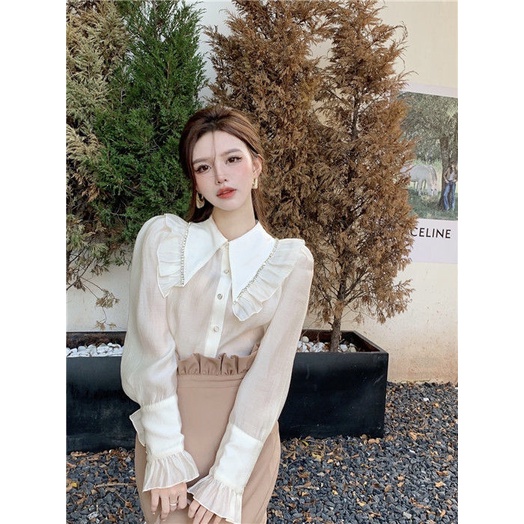 Set áo sơ mi tay dài phồng và đầm hai dây lưng cao ôm dáng thời trang dành cho nữ