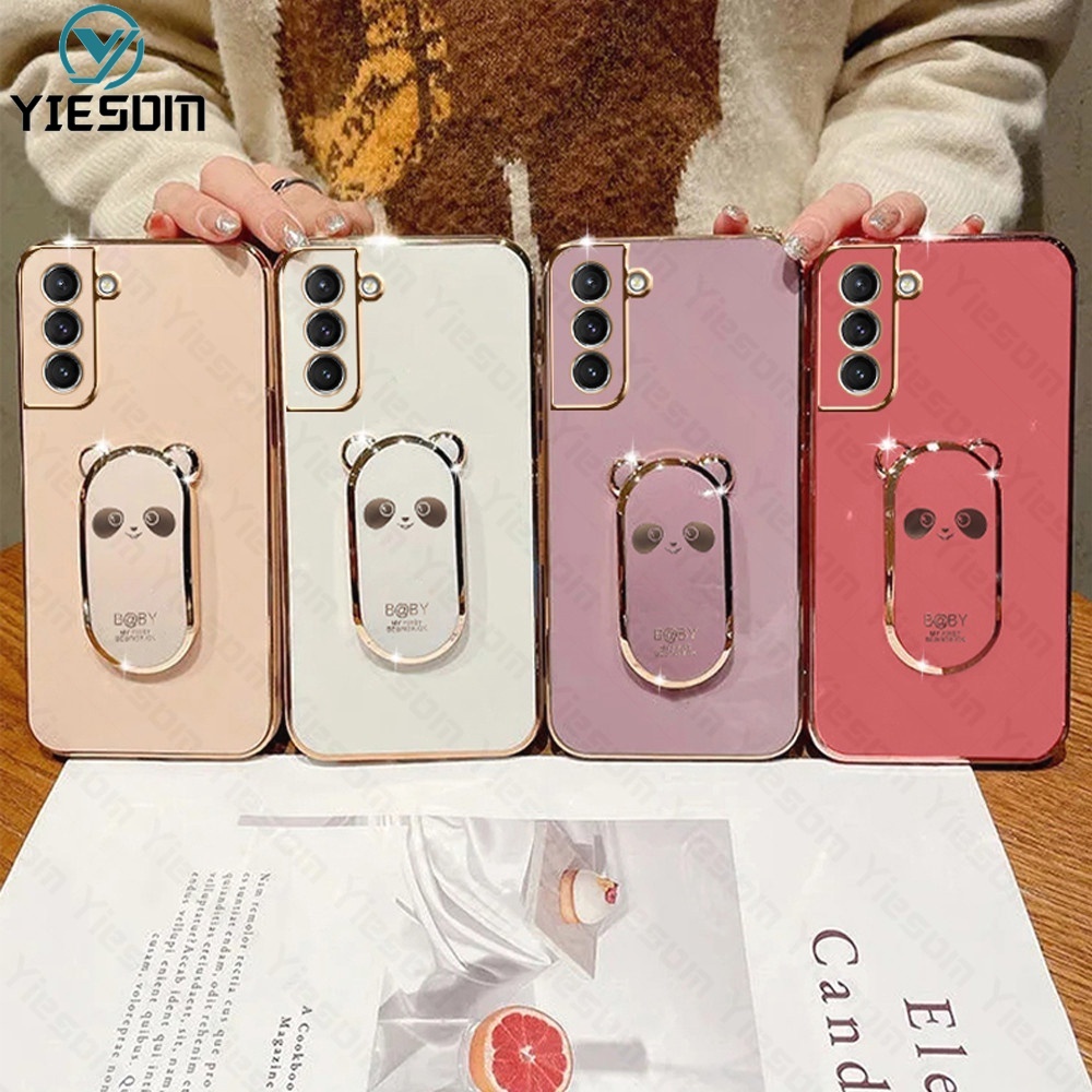 Ốp Điện Thoại Silicon Mềm Có Giá Đỡ Hình Vuông Mạ Màu Hoạt Hình Cho Samsung Galaxy S22 S21 Ultra S22 Plus S21 FE S21+