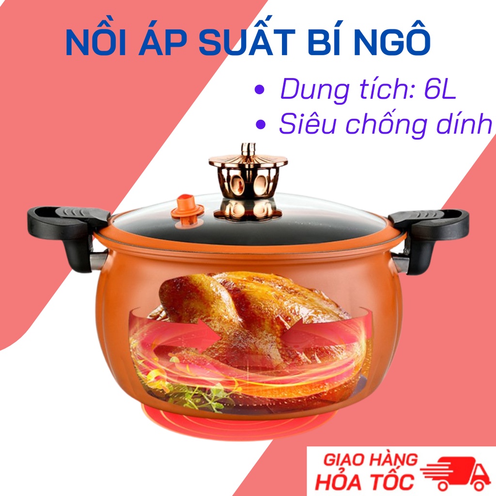Nồi Áp Suất Chống Dính Bí Ngô 6L Thông Minh, Nồi Hầm 4in1 Đa Năng, Hầm Gà, Cháo- Nồi Chiên, Xào Nấu