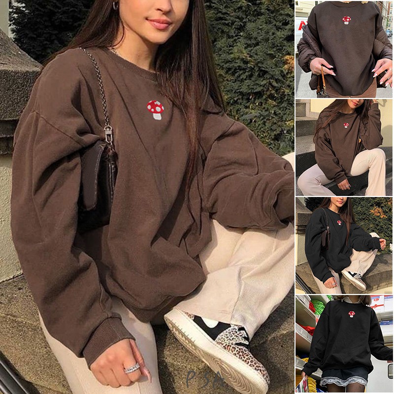 Áo sweater tay dài cổ tròn họa tiết nấm cổ điển dành cho nữ