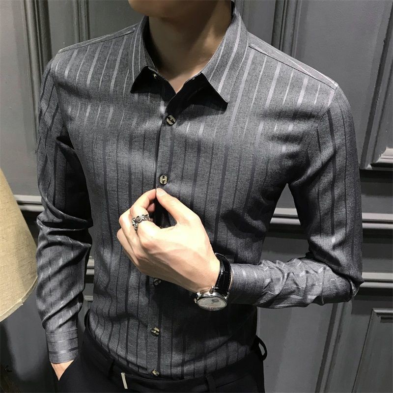 【Non-iron shirt】Men Formal Button Smart Casual Long Sleeve Slim Fit Suit Shirt Men's striped shirt Korean slim trend long sleeve shirt ruffian handsome business non iron white inch shirt casual Quarter Sleeve