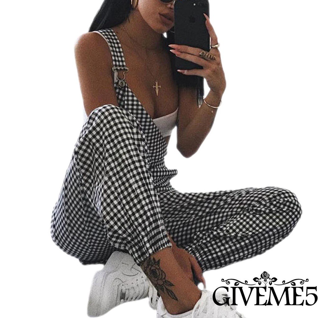 Bộ Áo Liền Quần Không Tay Họa Tiết Sọc Caro Dành Cho Nữ