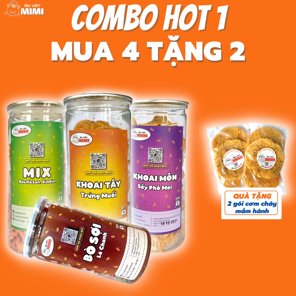 COMBO 1: Khô bò lá chanh, Bimbim tăm mix đậu hà lan, Khoai tây trứng muối,  Khoai môn sấy phô mai KÈM QUÀ TẶNG