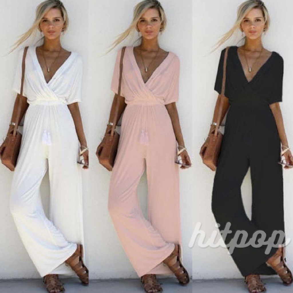 Bộ đồ áo ngắn tay cổ chữ V liền quần dài ống rộng thời trang quyến rũ cho nữ | BigBuy360 - bigbuy360.vn