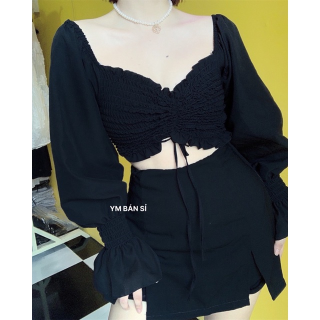 Áo Croptop Tay Dài Rút Giữa Voan [ẢNH THẬT] Áo Kiểu Voan Siêu Hot 2021 | BigBuy360 - bigbuy360.vn