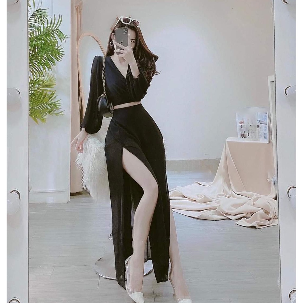 [HCM] Sét Áo Tay Dài Phối Váy Xẻ Tà (Có Lót Trong) Thời Trang Nữ Sam Closet Free Size 40-55kg