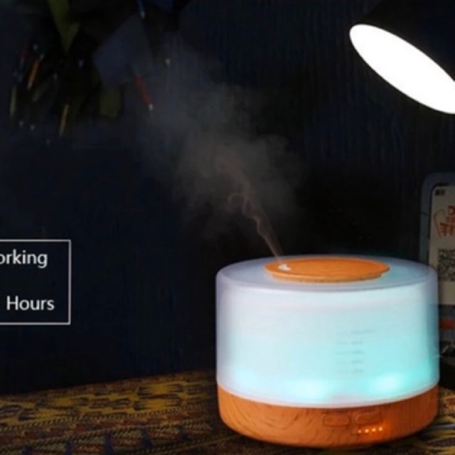 Máy Xông Tinh Dầu Trụ Tròn (Thay đèn ngủ)Phun Sương Vân Gỗ 500ml đèn led 7 màu, Khuếch Tán Tinh Dầu Tỏa Thơm (Có REMOTE)