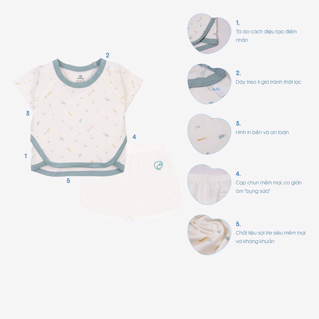 Bộ ngắn tay cổ tròn Bambus Techno Bu Baby bộ cộc tay bé trai bé gái mùa hè mát mẻ