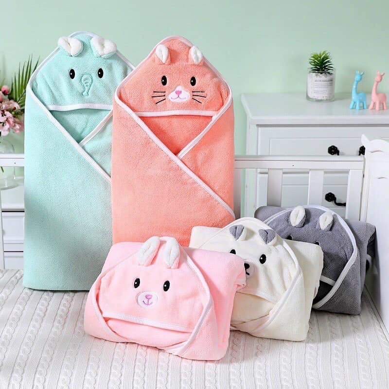 Ủ bông cao cấp hình thú, khăn ủ vuông vải bông có mũ cho bé sơ sinh mềm mịn dày dặn (Giao ngẫu nhiên)