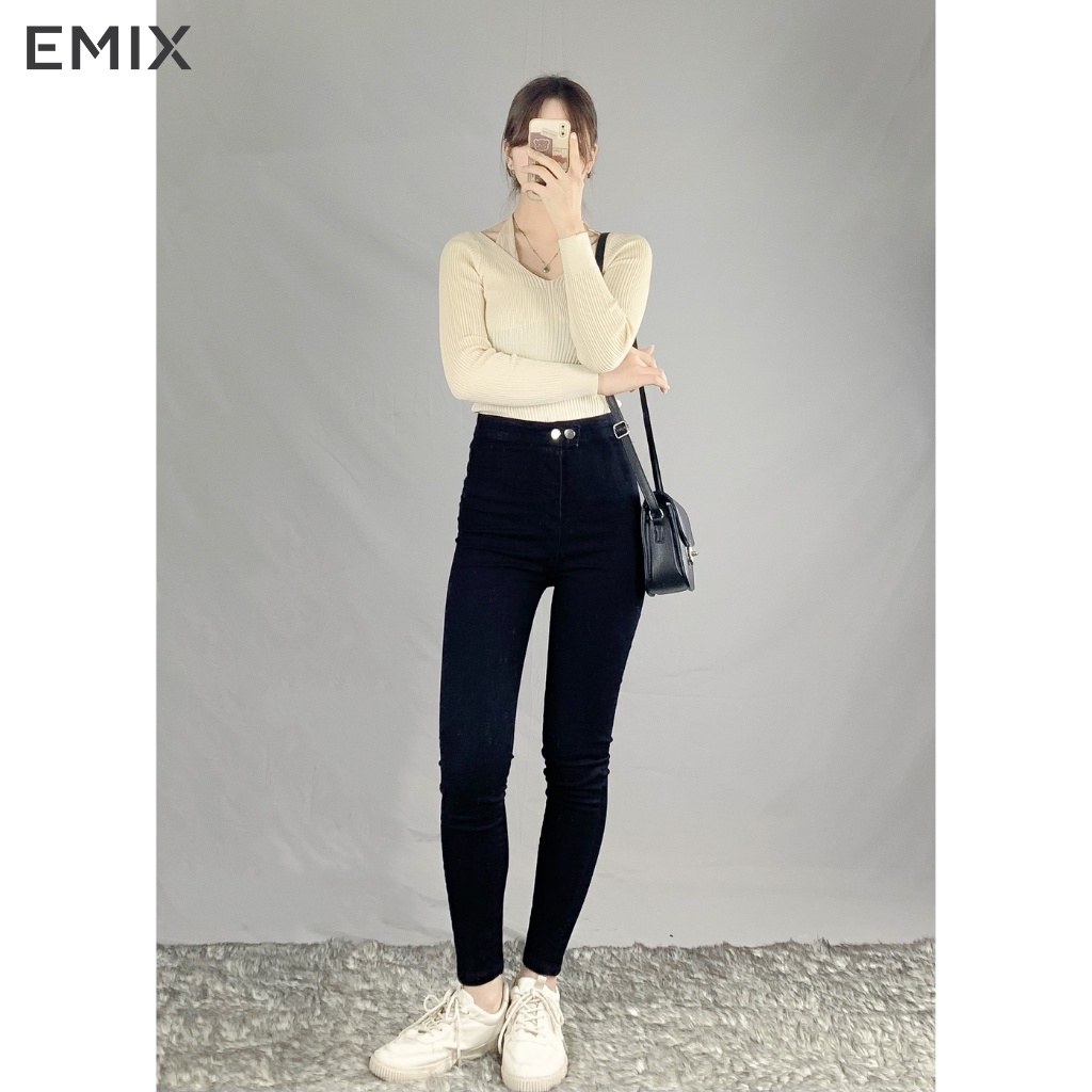 Quần jean nữ công sở EMIX (màu đen), dáng dài, cạp cao, ống ôm, 2 cúc, không có túi trước, vải jean mềm nhẹ không bai