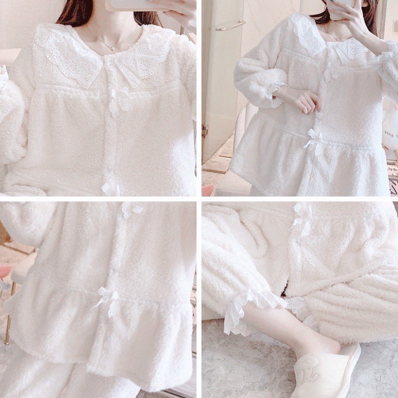 Bộ đồ mặc nhà thu đông nữ, bộ ngủ nữ lông phối viền màu trắng điệu đà chất đẹp, thoáng hút mồ hôi