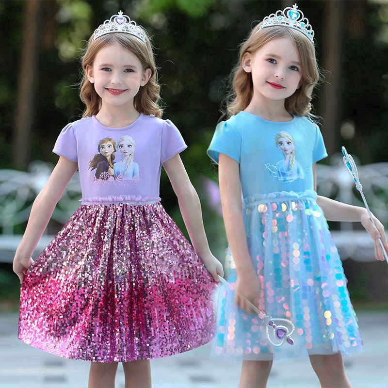 Đầm Công Chúa Elsa Anna 2 Đính Kim Sa Phối Ren Cho Bé Gái Dự Tiệc Sinh Nhật